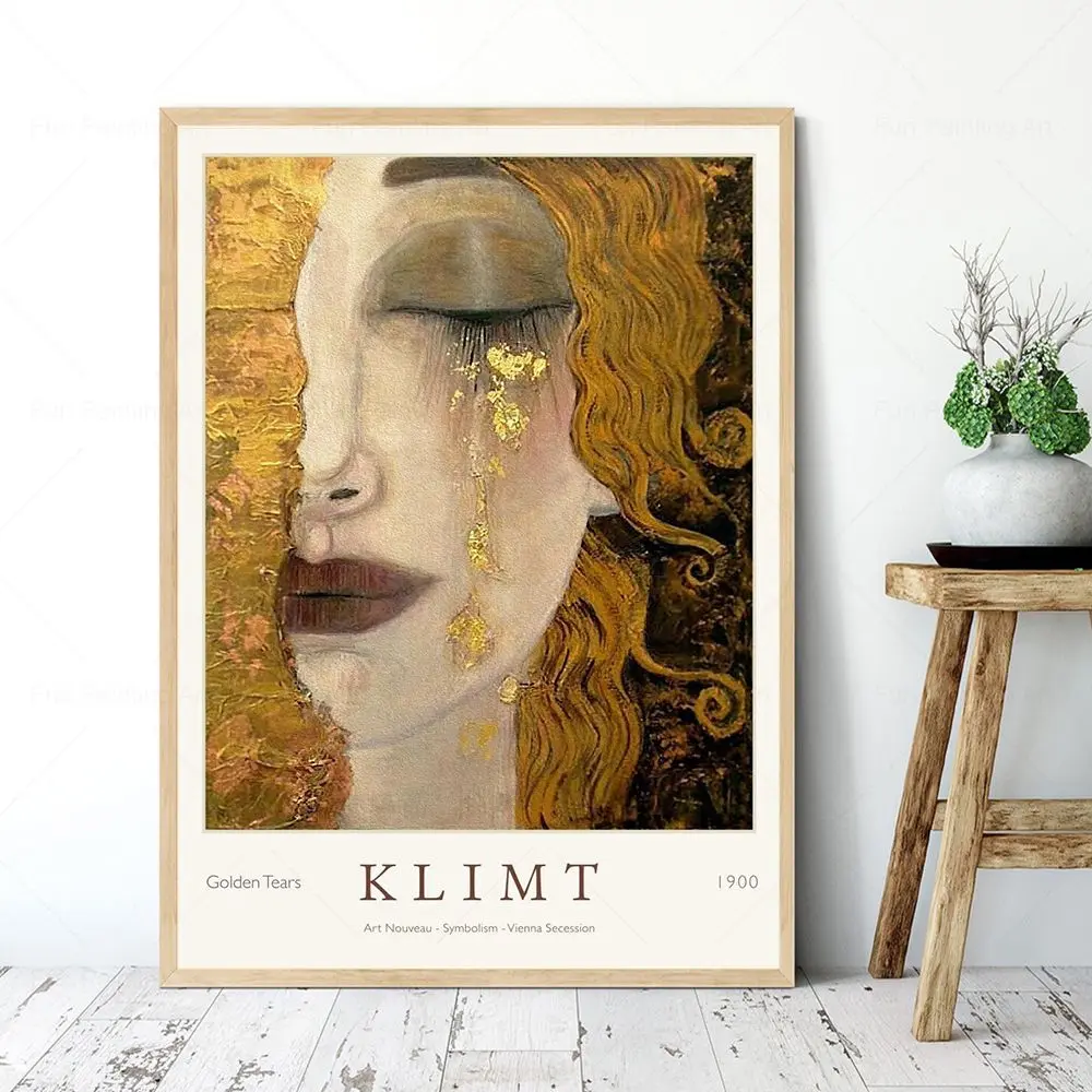 Famous Gustav Klimt Exhibition Posters Golden Tears And Red Lips Canvas Painting Nordic Wall Art Picture For Living Room Decor