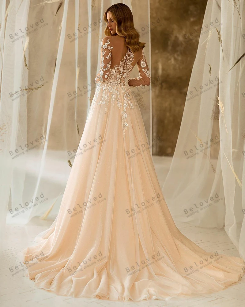 Abiti da sposa graziosi abiti da sposa Vintage Appliques di pizzo abiti a maniche lunghe per abiti da cerimonia Illusion Vestidos De Novia 2024