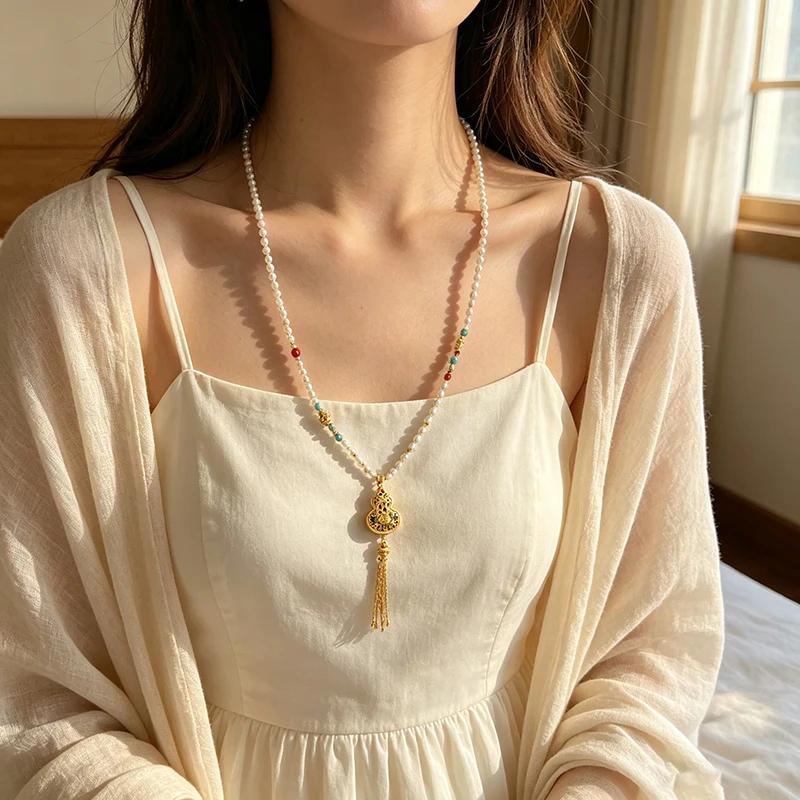 Neo-Chinese Style Pearl Sweater Chain, Adjustable Length, Ancient Method Sand-Gold Tassel Pendant, Medium-Long 85cm.