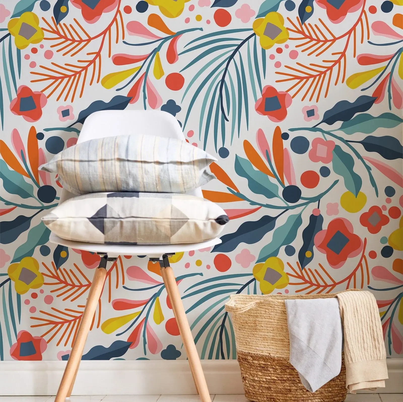 Scandinavian Floral Wallpaper, Colorful Summer Theme Botanical Wall Art, Peel and Stick Or Traditional Wall Paper, Home Decor