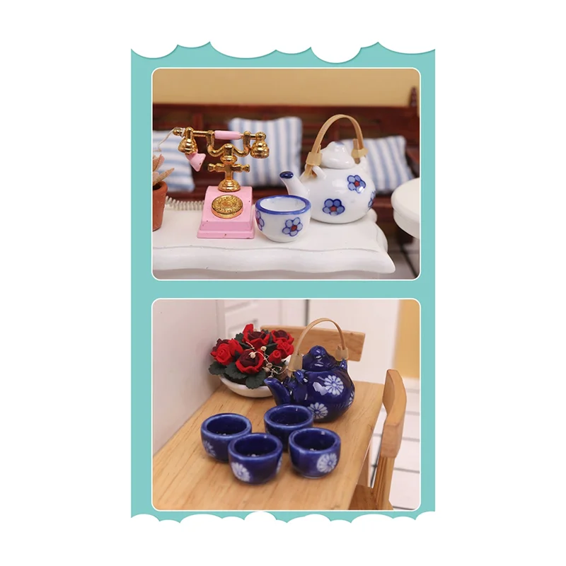 1:12 Miniature Japanese Style Tea Cup Set/6Pcs Ceramic Tableware Teapot Kitchen Dollhouse Accessories Blue