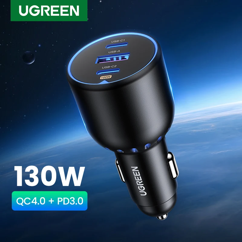 UGREEN 130W USB C Car Charger For Xiaomi iPhone 15 Samsung Galaxy S24 Laptops Tabet PD3.0 Fast Charging USB Type C Car Charger