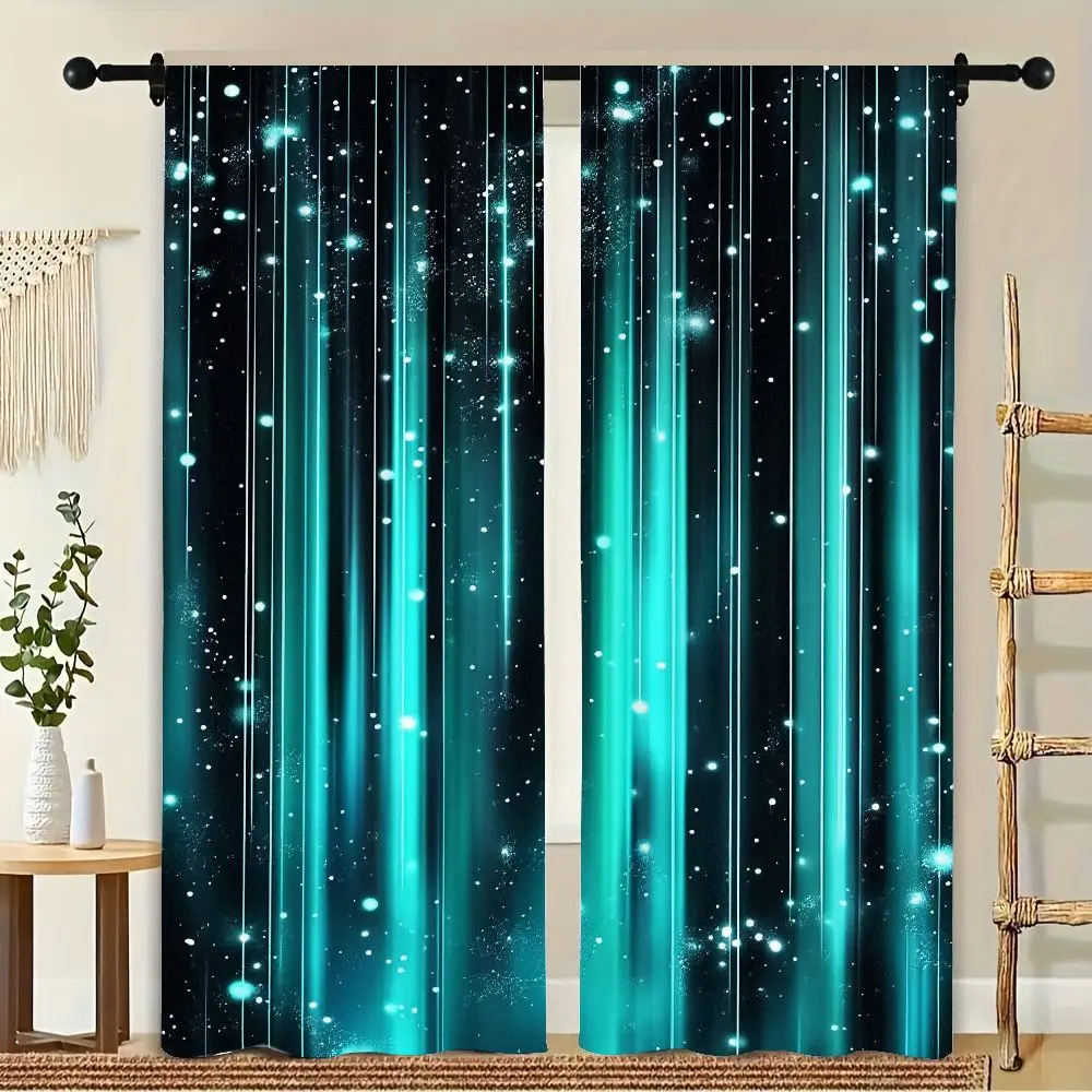 

2Pcs Curtain Aurora Background Glowing Cyan Starry Particles Window Drapes for Bedroom Living Room Decoration Window Treatment.