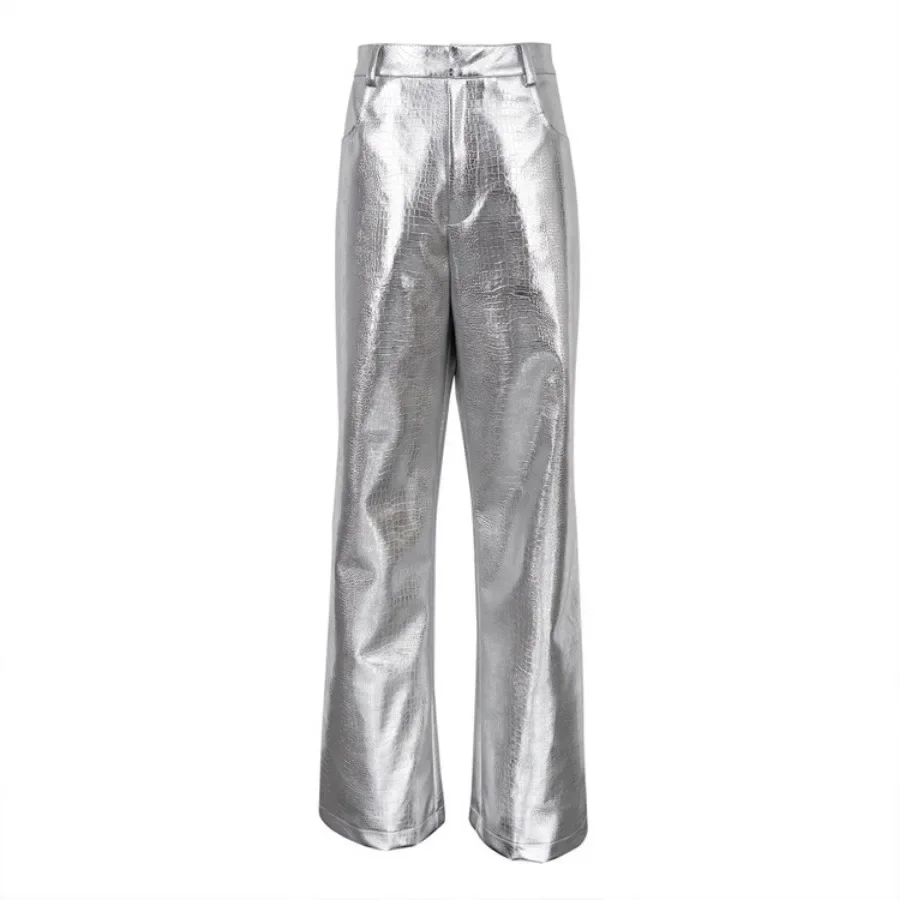 Neue 2024 Damen elegante y2k Silber hohe Taille gerade Hose lange Hose Streetwear Herbst Winter Frauen Pu Lederhose