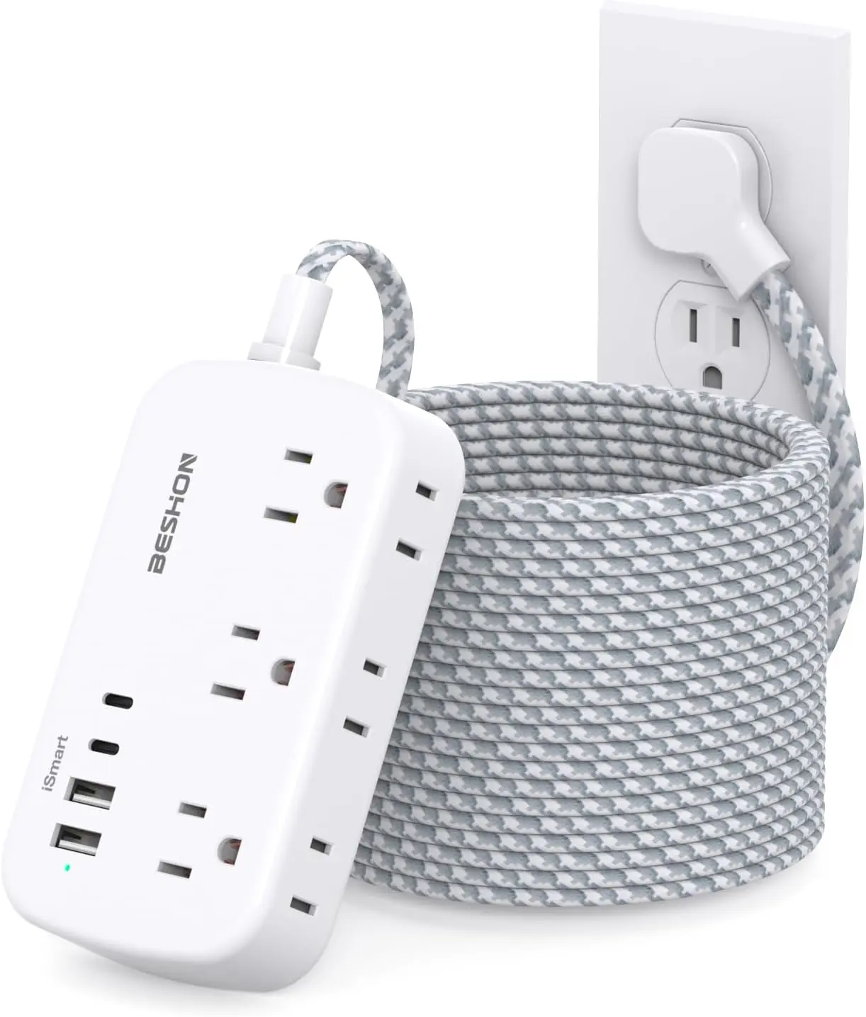 

Удлинитель 25 футов с 6 розетками и 4 USB-портами (2 USB-C), настенная зарядная станция для дома, офиса, общежития, путешествий