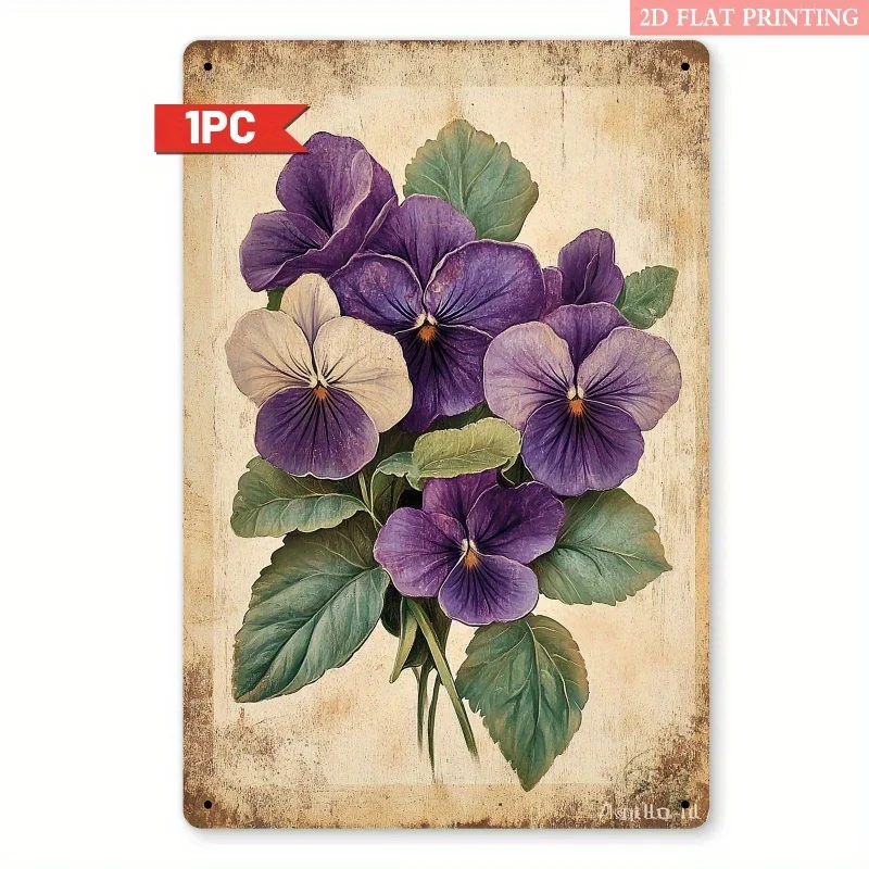 A Vintage-Style Metal Sign Featuring a 2D Flat Design of Purple Pansies. This Iron Art Piece Offers a 3D Visual Effect