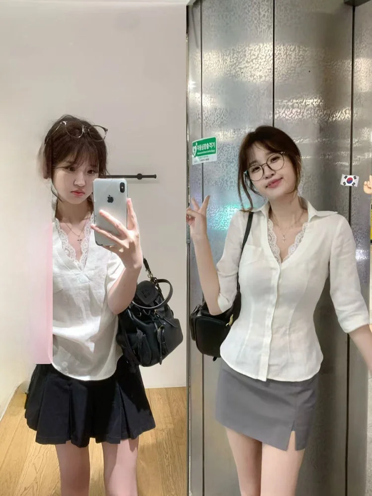 

CallmeEar Full Linen irt Women Summer Thin Lace Splice V-ne Mid-sve Blouse Slim Fit Collar Regular Sve Length