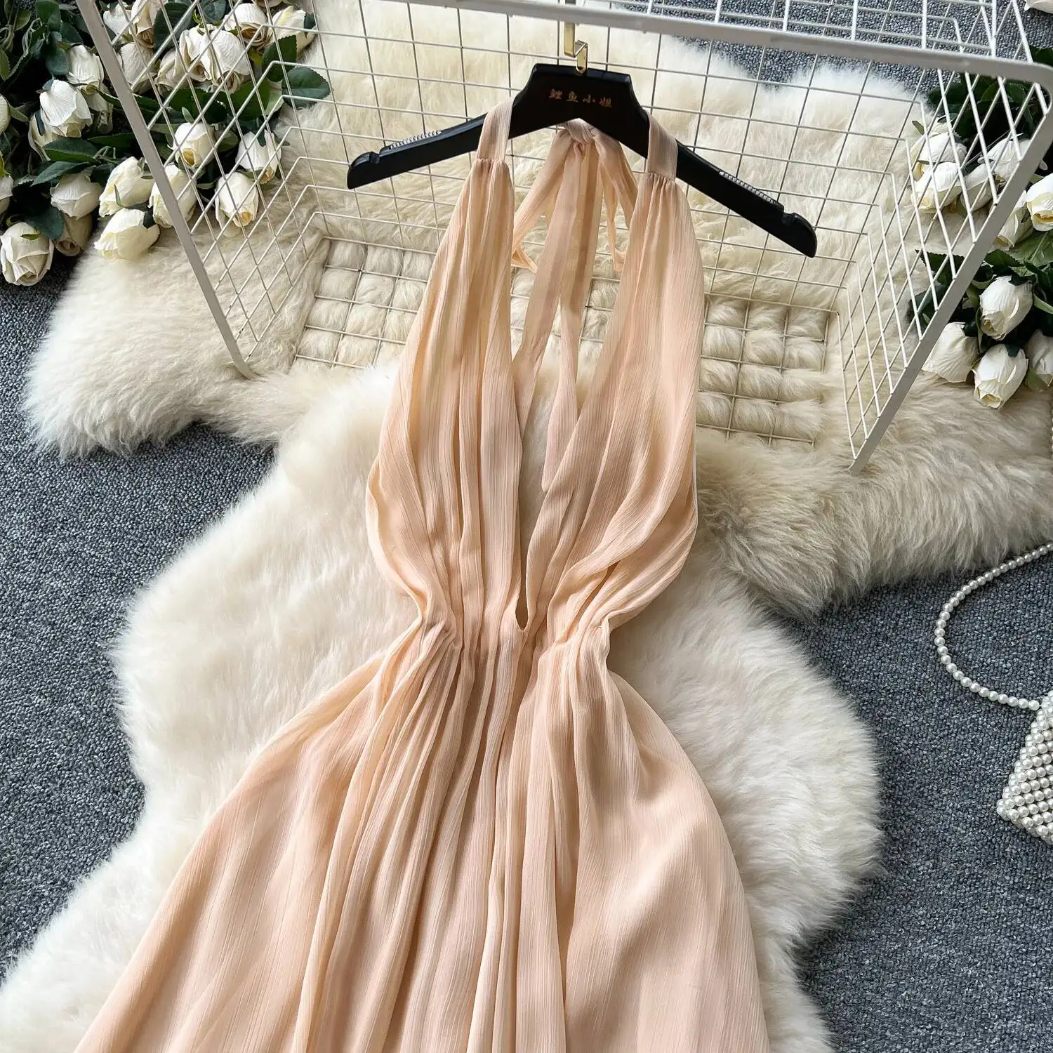 Abito estivo sexy da spiaggia con scollo a V e cinturino all'americana Abito lungo in chiffon senza schienale da donna Abito lungo Boho in chiffon a trapezio sottile da donna