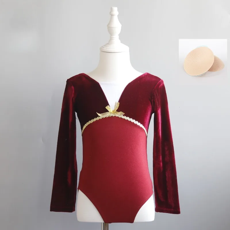 Ballet Velvet Leotard Long Sleeve Warm Autumn Winter V Back Soft Gymnastics Bodysuit Training Recital Stage Elegant Dance Outfit