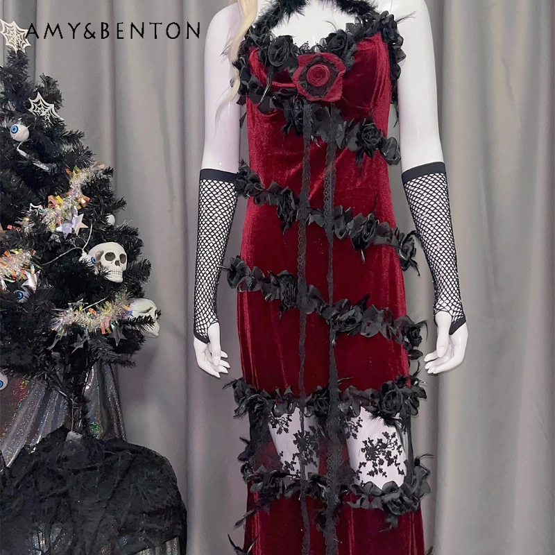 

European American Gothic Classical Women's Clothing Punk Dark Subculture Red Black Splicing Lace Hollow Out Sling Dresses Ladies