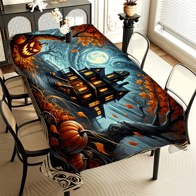 One Halloween-themed tablecloth: Decorated with pumpkin haunted house and full moon, made of polyester rectangular fabriczyc