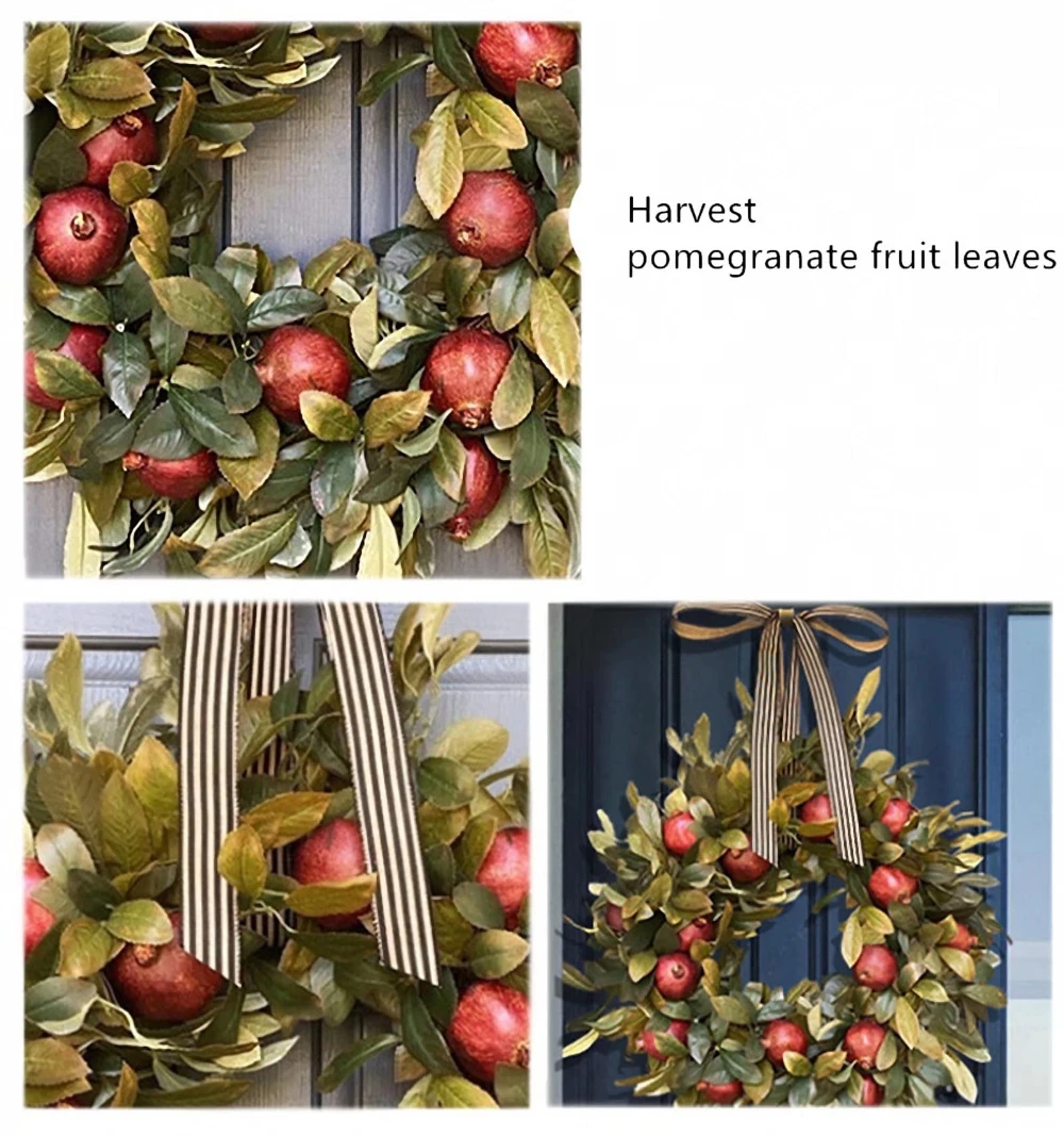 Autumn Fall Front Door Wreath Artificial Pomegranate Fruit Ribbon Bow Realistic Greenery Hanging Onrmanet Part Indoor Outdoor view 3