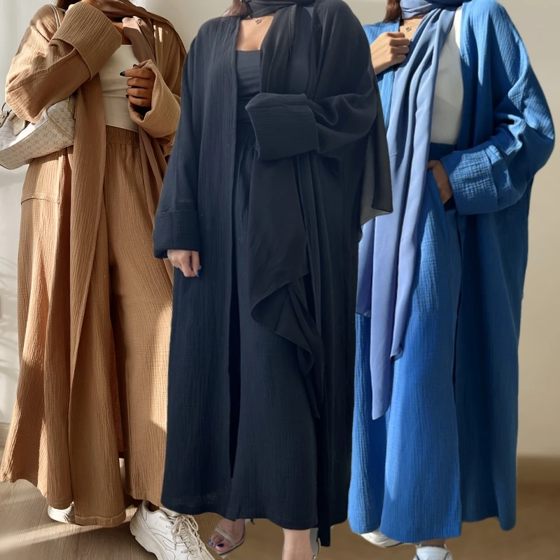 Fashion Women Duabi Abaya Sets Muslim Islamic Eid Cardigan and Pants Casual Kimono Sleeve Robe Long Outwear