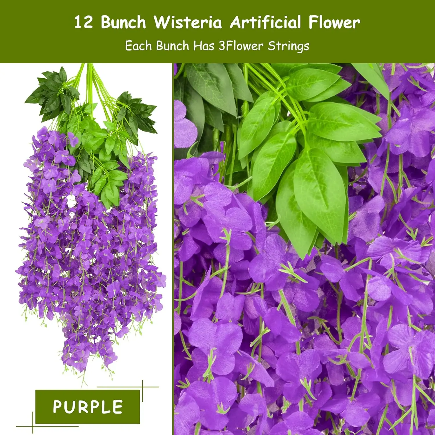 12 Pack Artificial Wisteria Hanging Flowers, Fake Silk Flower String for Wedding, Party, Wall Backdrop Decor (Purple)