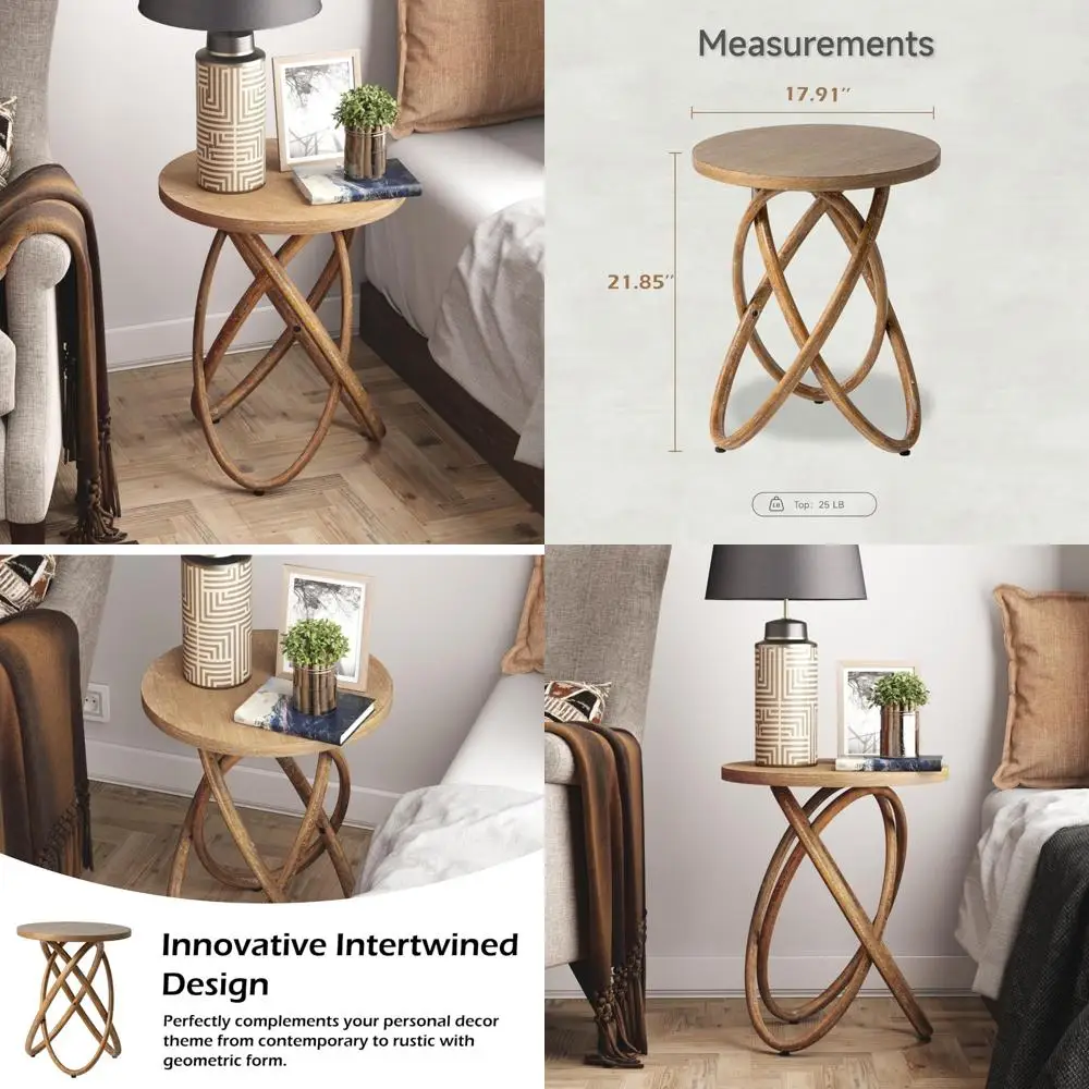 

Farmhouse Style Walnut Wood Round End Table with Rustic Twisted Line Design for Living Spaces and Offices