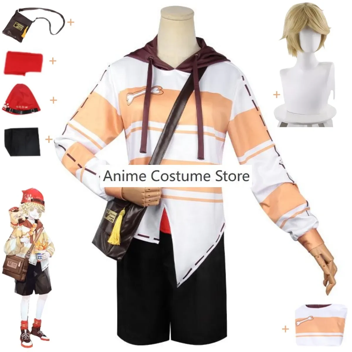 Anime Game Identity Ⅴ Victor Grantz Postman Cosplay Costume Stripe Pullover Long Sleeved T-shirt Bag Wig Man Halloween Suit