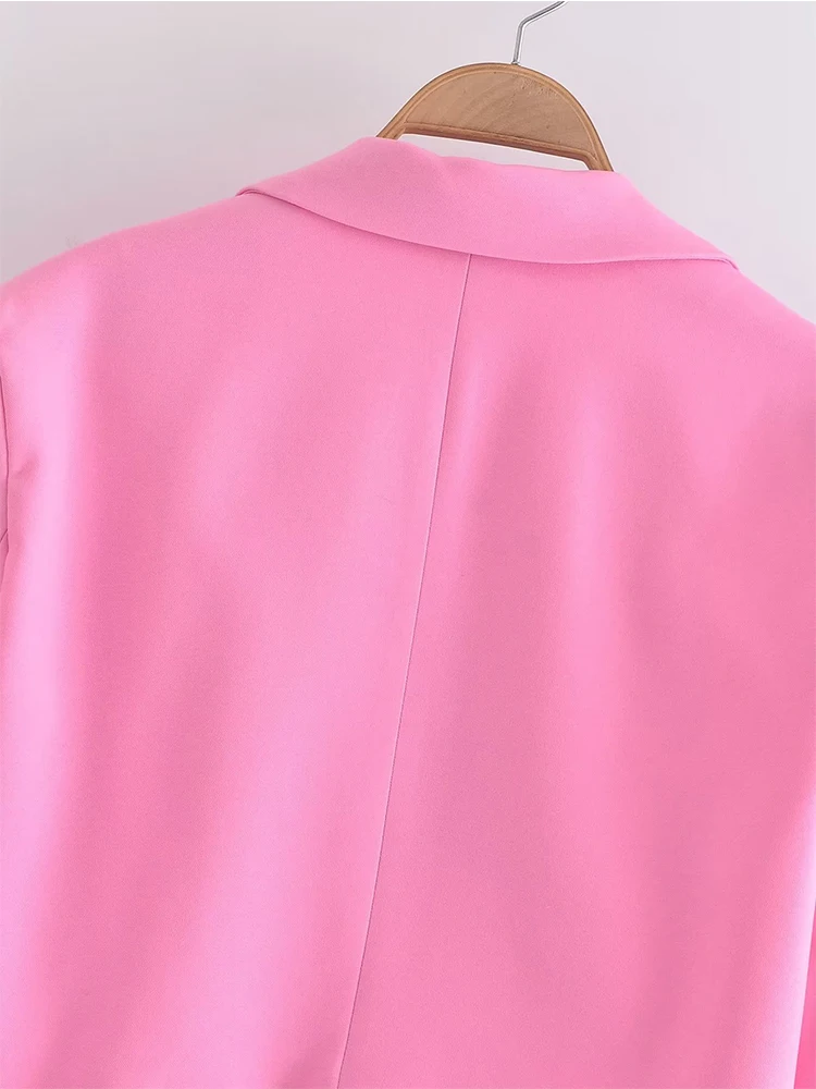 YENKYE 2023 Women Single Button Pink Crop Blazer Vintage Long Sleeve Lapel Collar Elegant Ladies Office Suit Coat