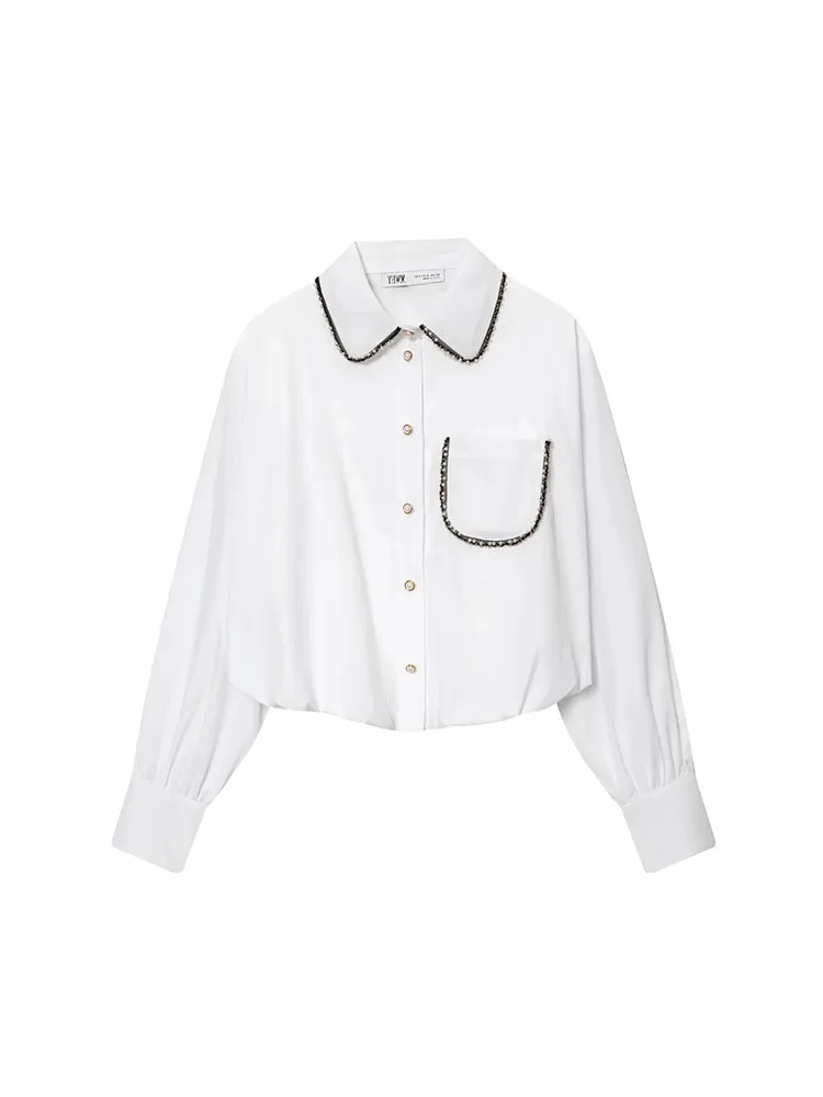 

Women 2025 Autumn New Fashion Beading Turn Down Collar Women Shirt Long Sleeve Chiffon Shirt Blouse Women Tops