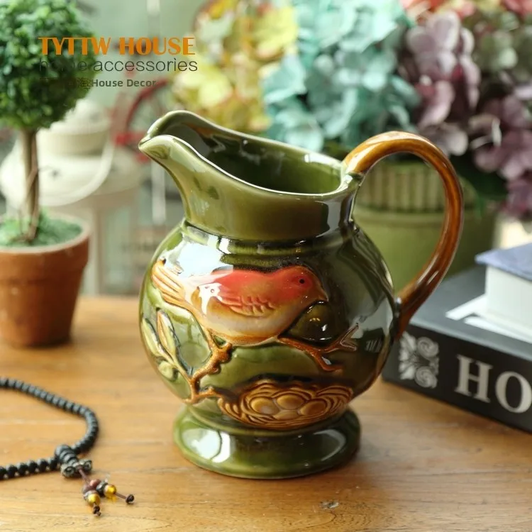 European Ceramic Flower Vase Single Handle Green Bird Pattern Tabletop Home Decor