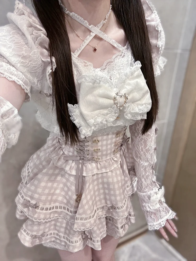 日本のかわいいレーススリム 2 点セット女性デザイン甘いチェック柄スキニースーツ女性ハイストリートヴィンテージ半袖衣装新しい