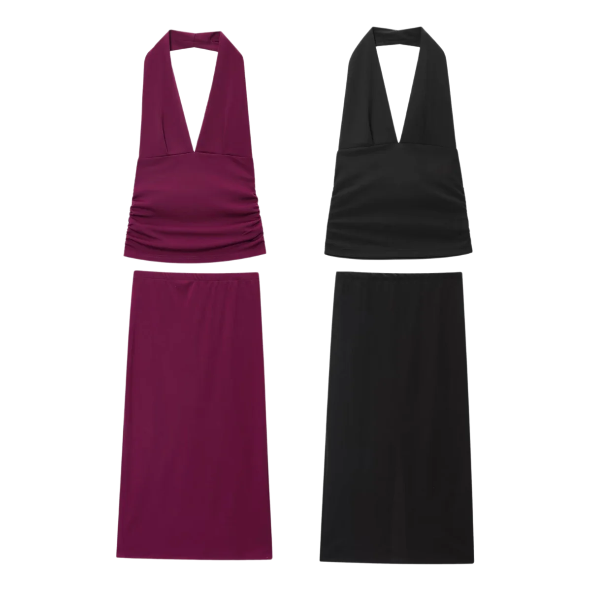 

HH Women's Elegant Solid Suit Sleeveless Backless Halter Pleated Top+Ruched Tight Pencil Skirt Summer Party Sexy Outfit