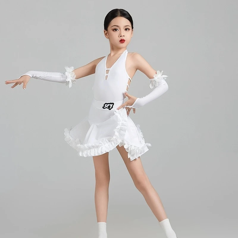 사용자 정의 4Pcs 여자 라틴 댄스 복장 여성의 흰색 연습 옷 간단한 성능 착용 카우보이 삼바 투우 룸바