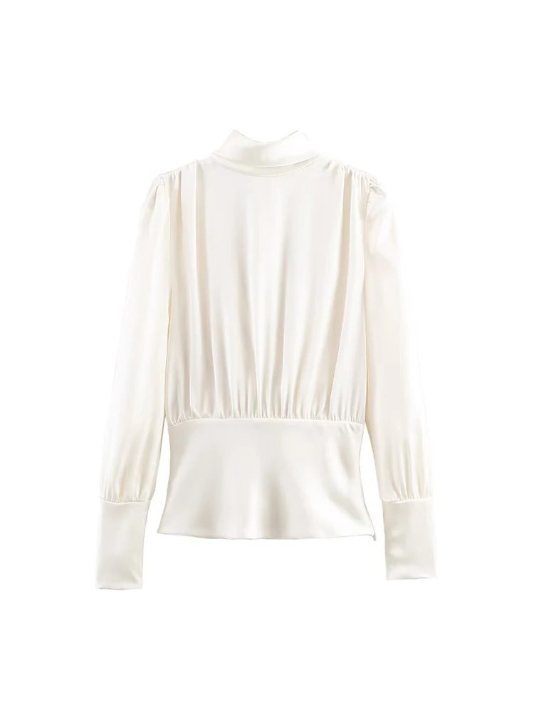 Bluzka damska TFMLN na jesień, z kokardą przy dekolcie, długie rękawy, dopasowany krój, elegancki styl, seksowny odkryty tył, koszula damska.