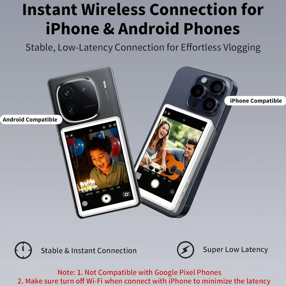 شاشة مراقبة سيلفي للهاتف الخلفي المغناطيسي مقاس 4 بوصة بقدرة 1800 مللي أمبير في الساعة 4K لهاتف Selfie ومدون التصوير الفوتوغرافي VLOG