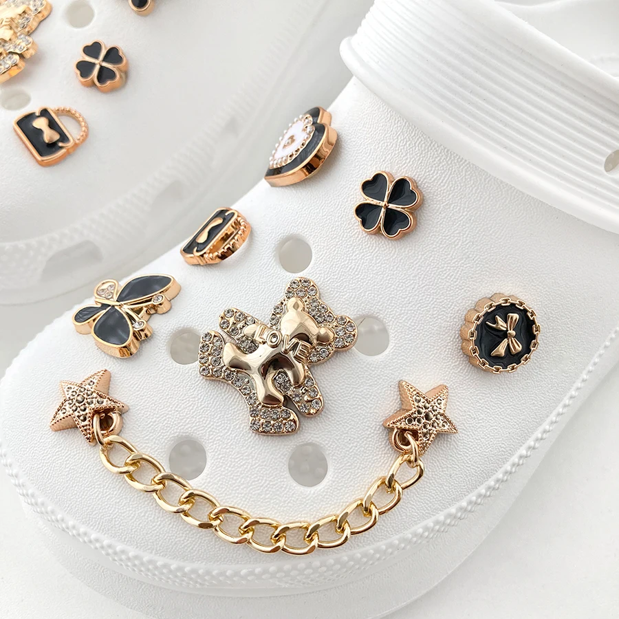 

14pcs Gloden Shoe Charms Cute Bear Chain Faux Pearl Shoe Buckle Decoration Suitable For Sandals Crocs Bag Kids Party Gift Idea