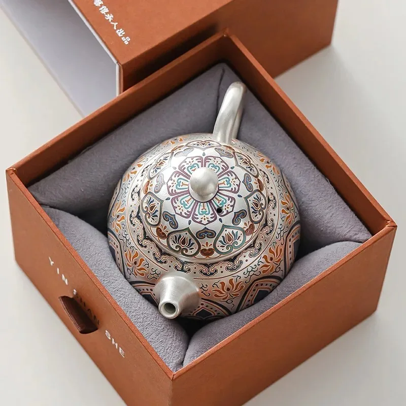 

Home Use High-end Tea Set Heyun Fengming Teapot Enamel Glazed Silver Teapot Single Pot for Brewing Tea 999 Pure Silver Pot