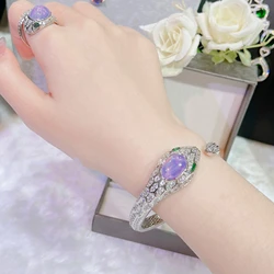 Silver Color Purple Starlight Stone Snack Cuff Bracelet for Women Girl Luxury Amethyst Wedding Bangle Vintage Party Jewelry Gift