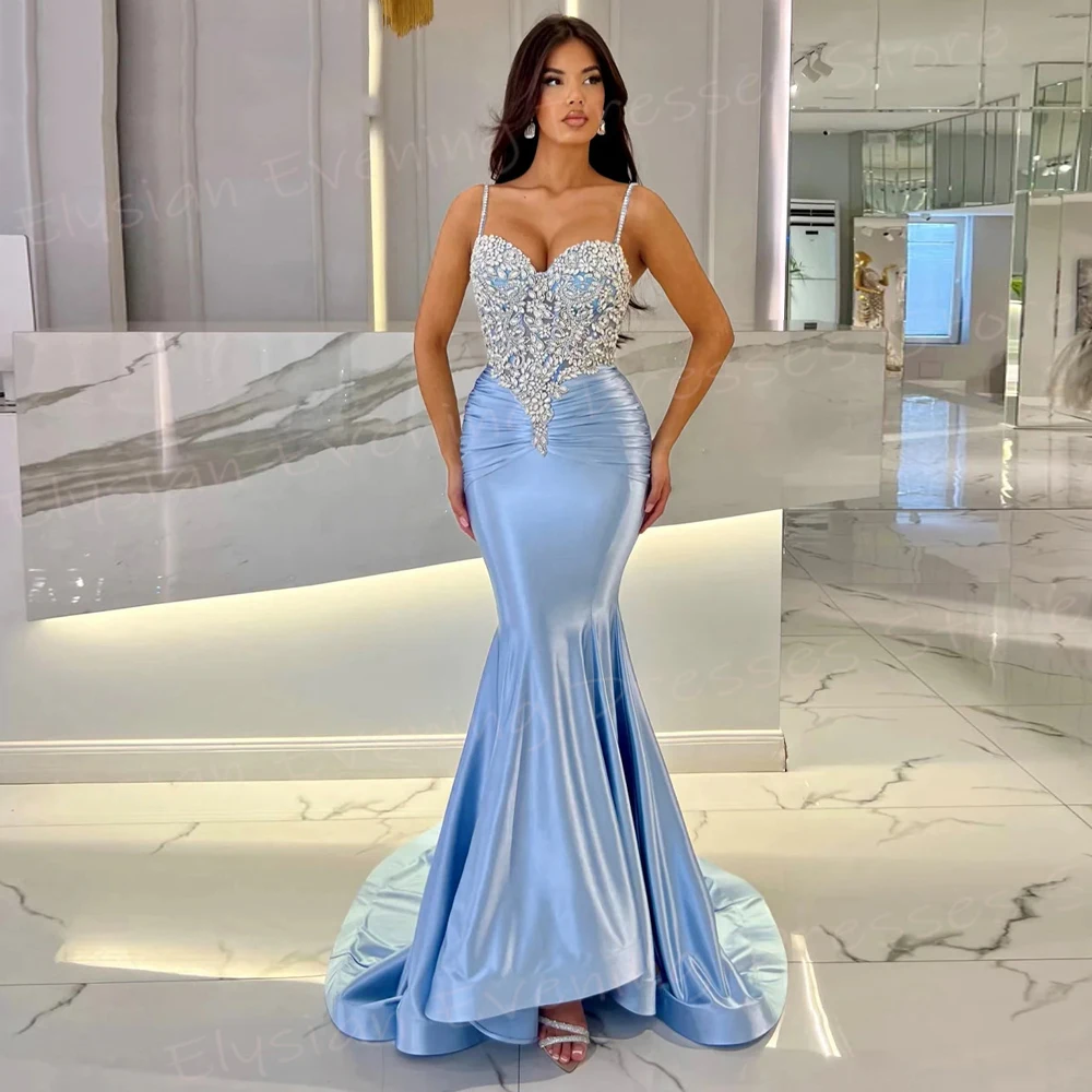 

Elegant Blue Women's Mermaid Sexy Evening Dresses Spaghetti Strap Beaded Prom Gowns Sleeveless Formal Occasion Vestido De Noche