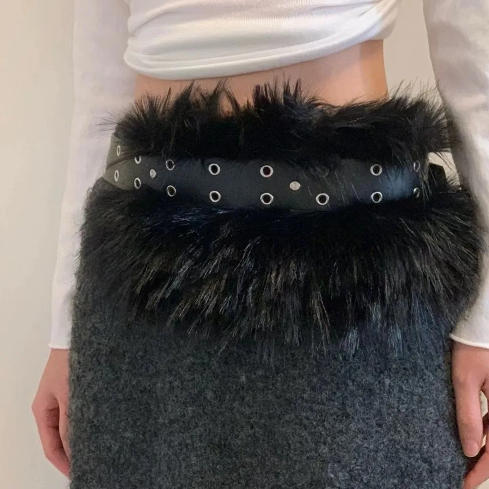 

Vintage PU Leather Leather Fur Belt Faux Fur Rivet Furry Waistband Jeans Decor Western Style Y2K Waistband Daily