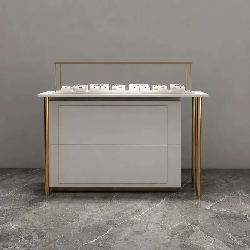 custom.Custom Jewelry Display Counter White Matte Cabinet Gold Frame Glass Top Showcase Bracelet Earring Retail Shop Furnitu