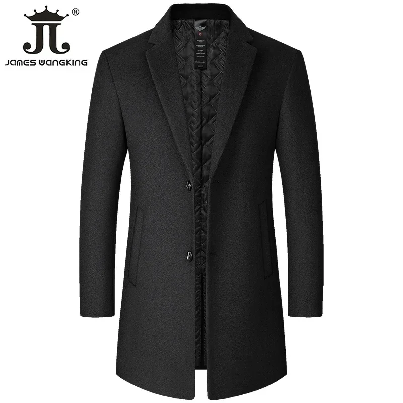 Male Woolen Coat Solid Color Slim Mid-Length Windbreaker Warm Wear-Resistant Men\'s Wool Coat Business Formal Wear Casual Jacket