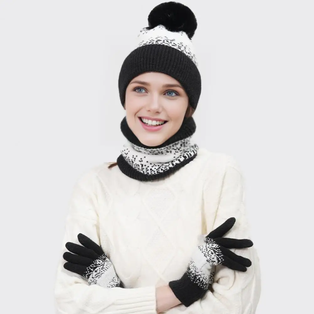 Warm Winter Gaiter Set 3pcs Winter Hat Scarf Gloves Set with Plush Ball Decor Thickened Plush Lining Neck Gaiter Touch Screen