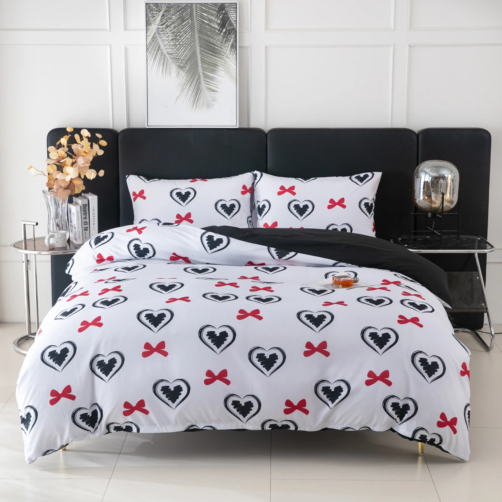 

Утолщенный комплект постельного белья с принтом (2 наволочки + 1 пододеяльник), полиэстер, узор «сердца», ультрамягкий и комфортный, дышащий, для спальни и гостевых домов (пододеяльник + наволочки, без одеяла и наполнителя), пододеяльник на молнии + навол