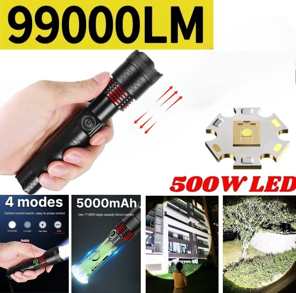 

99000 Lumens 500W High Power LED Flashlight Rechargeable Torch Outdoor Tactical Flashlight Camping Emergency Fishing Lantern