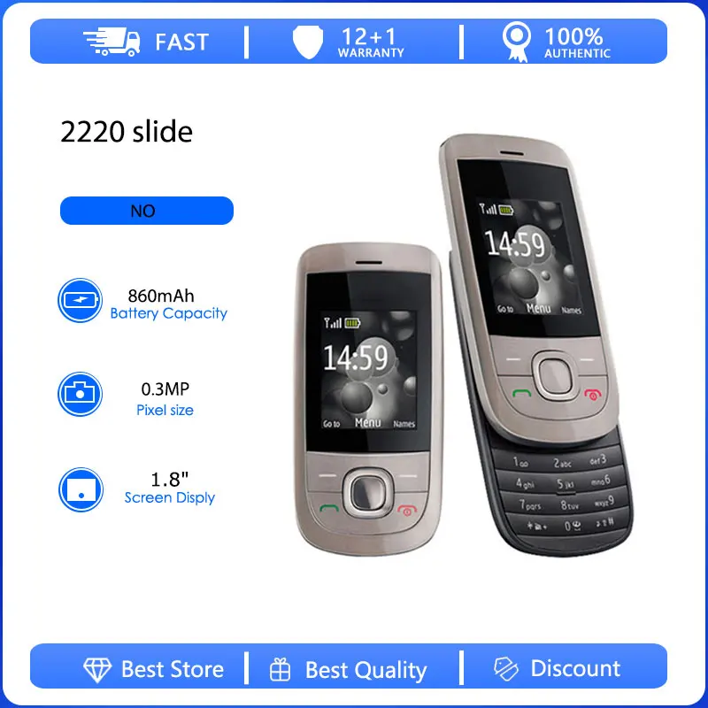 Teléfono Móvil Reacondicionado Original 2220S 2220 Slide 2G Desbloqueado GSM 900/1800 con Teclado Ruso, Árabe y Hebreo, Hecho en Finlandia