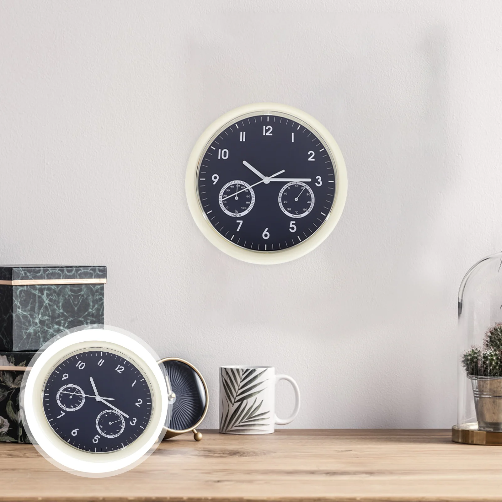 

Retro Decor Temperature and Humidity Meter Wall Clock Bathroom Quiet Round with Thermometer Blue Toddler