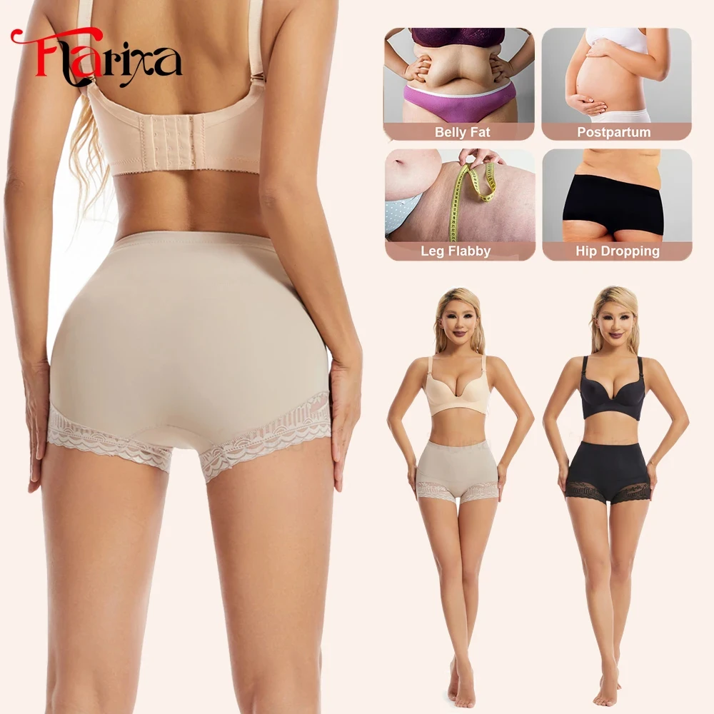 Flarixa Women Seamless High Waist Tummy Control Shorts Panties with Lace Trim Flat Belly Shaping Underwear Butt Lift Boyshort