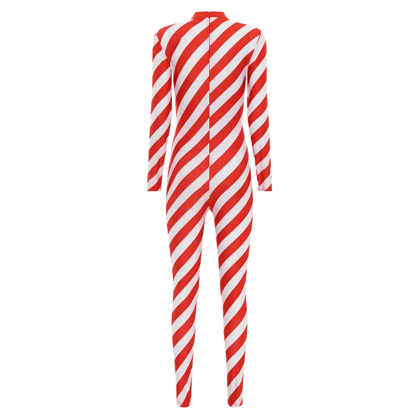 Womens Christmas Candy Cane Bodysuit Costume Long Sleeve Back Zipper Contrast Color Unitard Jumpsuit for Xmas Cosplay Party