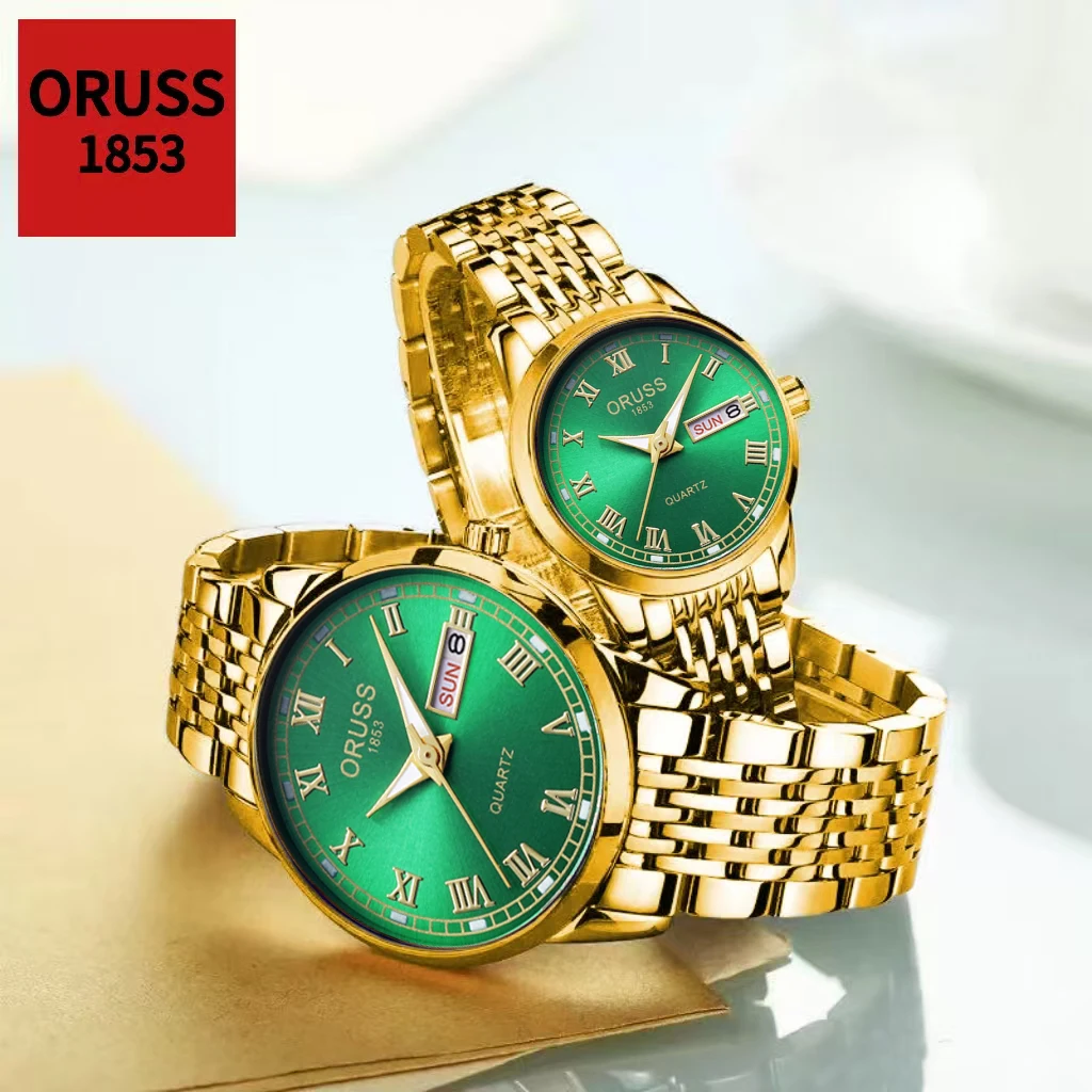 

Парные роскошные кварцевые часы из нержавеющей стали; отображение дня и даты; римские цифры; оригинальные часы ORUSS.