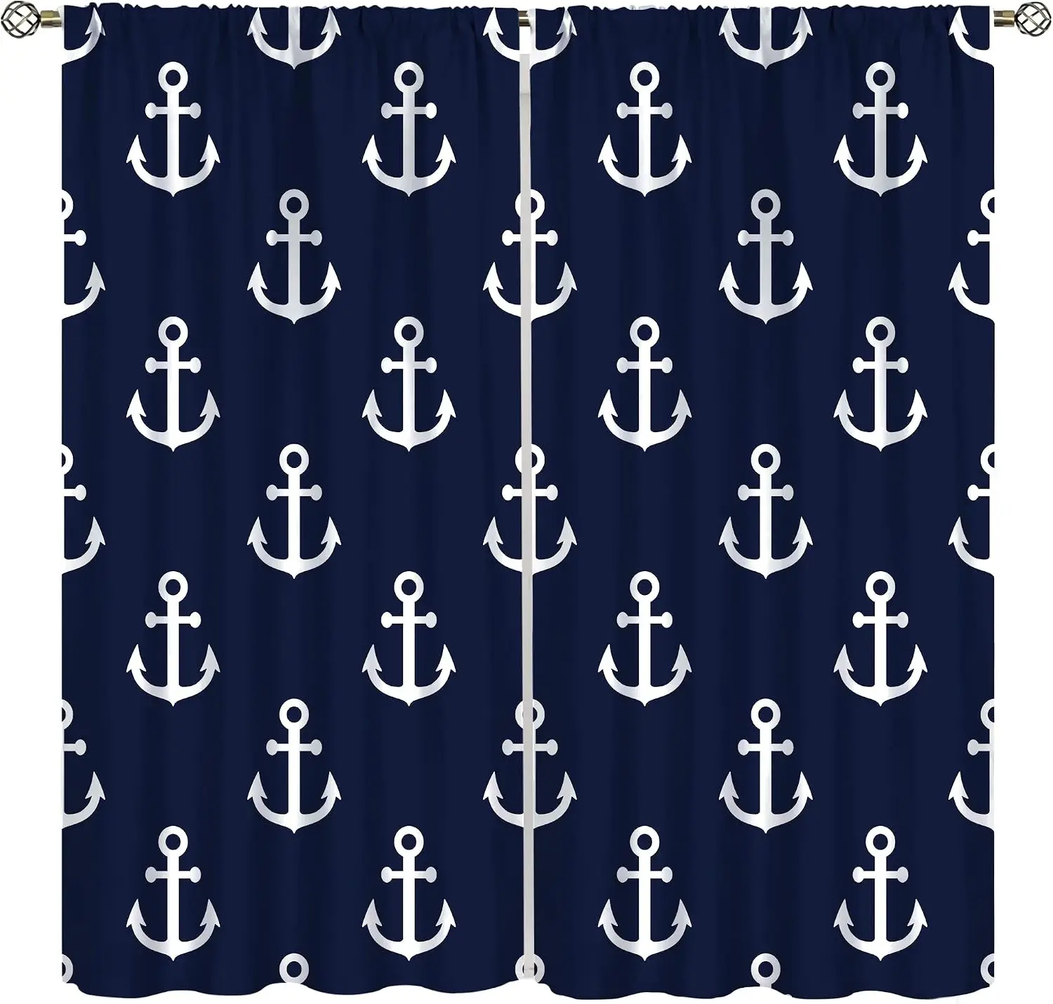 Navy Blue Anchor Pattern Curtains Nautical Window Panels Home Decor Curtain Sleepy Life Coastal Sailor Bedroom Bathroom Curtain