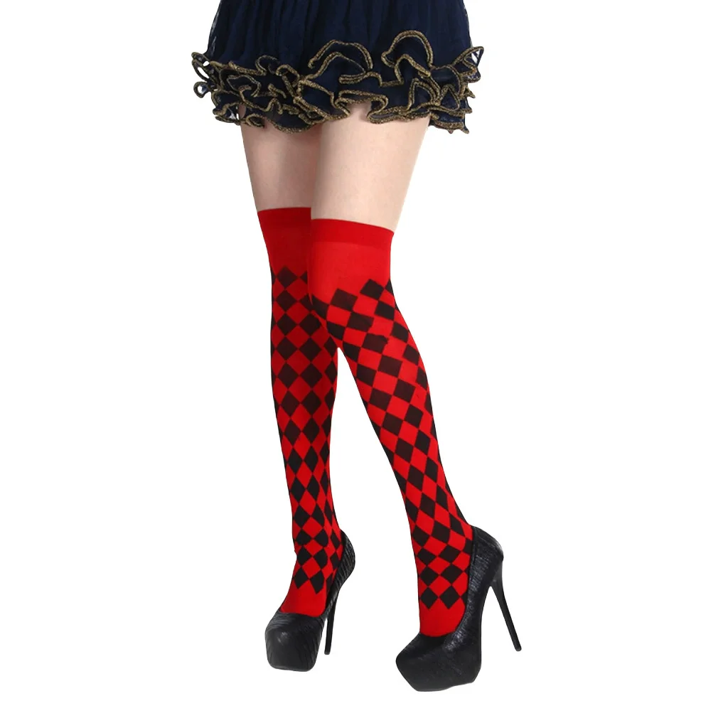Clown Asymmetrical Striped Printed Over Knee Long Sock Halloween Thigh Highs Stockings Cosplay Costume Tights for Women
