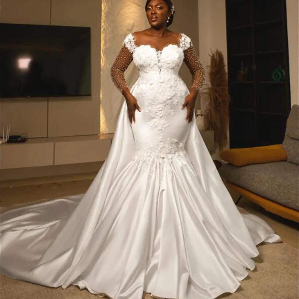 Exclusive Satin Mermaid Wedding Dresses For Bride Customized Appliques Crystals Bridal Gowns Formal Wear Women Banquet Tuxedos