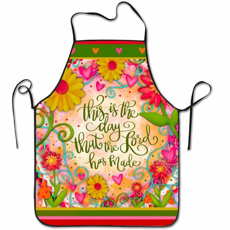1pcs Faith-Themed Apron with Religious Quotes Vibrant Floral Print - Warm-Toned Base Suitable for Cooking, Baking