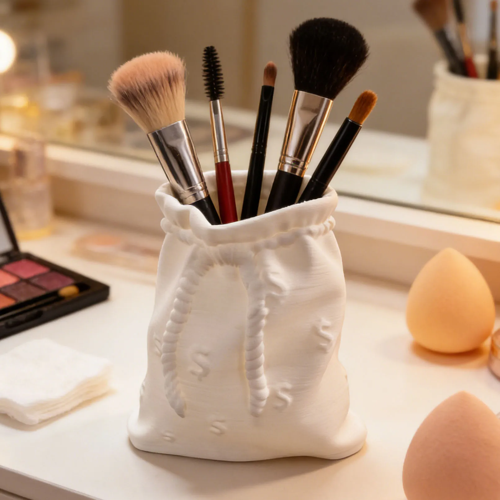 3D Printed White Creative Money Bag Pen Holder and Makeup Brush Holder Two-In-One, Makeup Brush Storage Bucket, Multifunctional Ornament, Desktop Storage Organizer