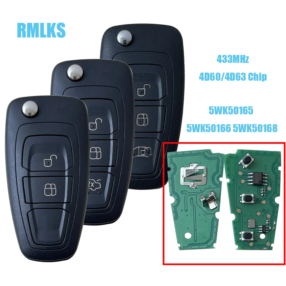 Replacement Keyless Entry Fob Flip Folding Remote Key FSK 433MHz 4D63 ID83 Chip For Ford Focus Fiesta BK2T-15K601-AA/AB /AC