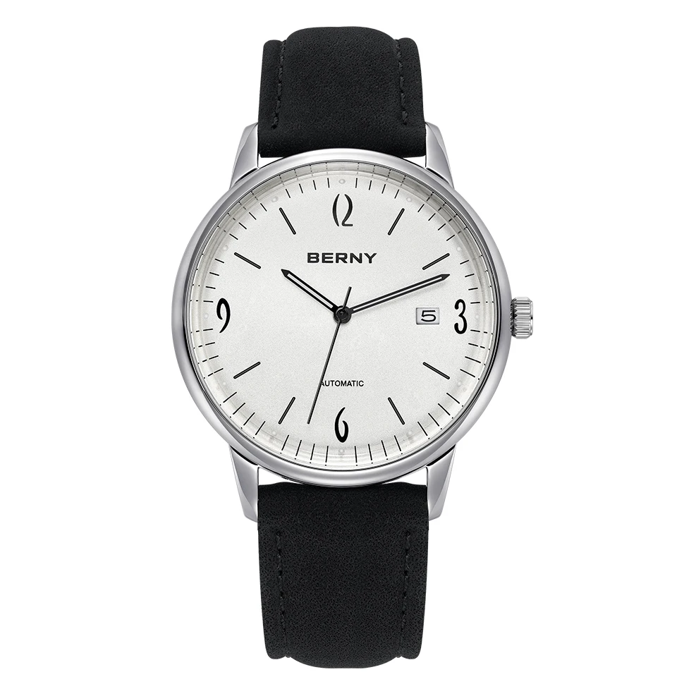 BERNY Automatikuhren für Herren, Starlight Luminous, leicht ablesbare, schlanke mechanische Uhr, Kalender, Wildleder, Herren-Armbanduhr